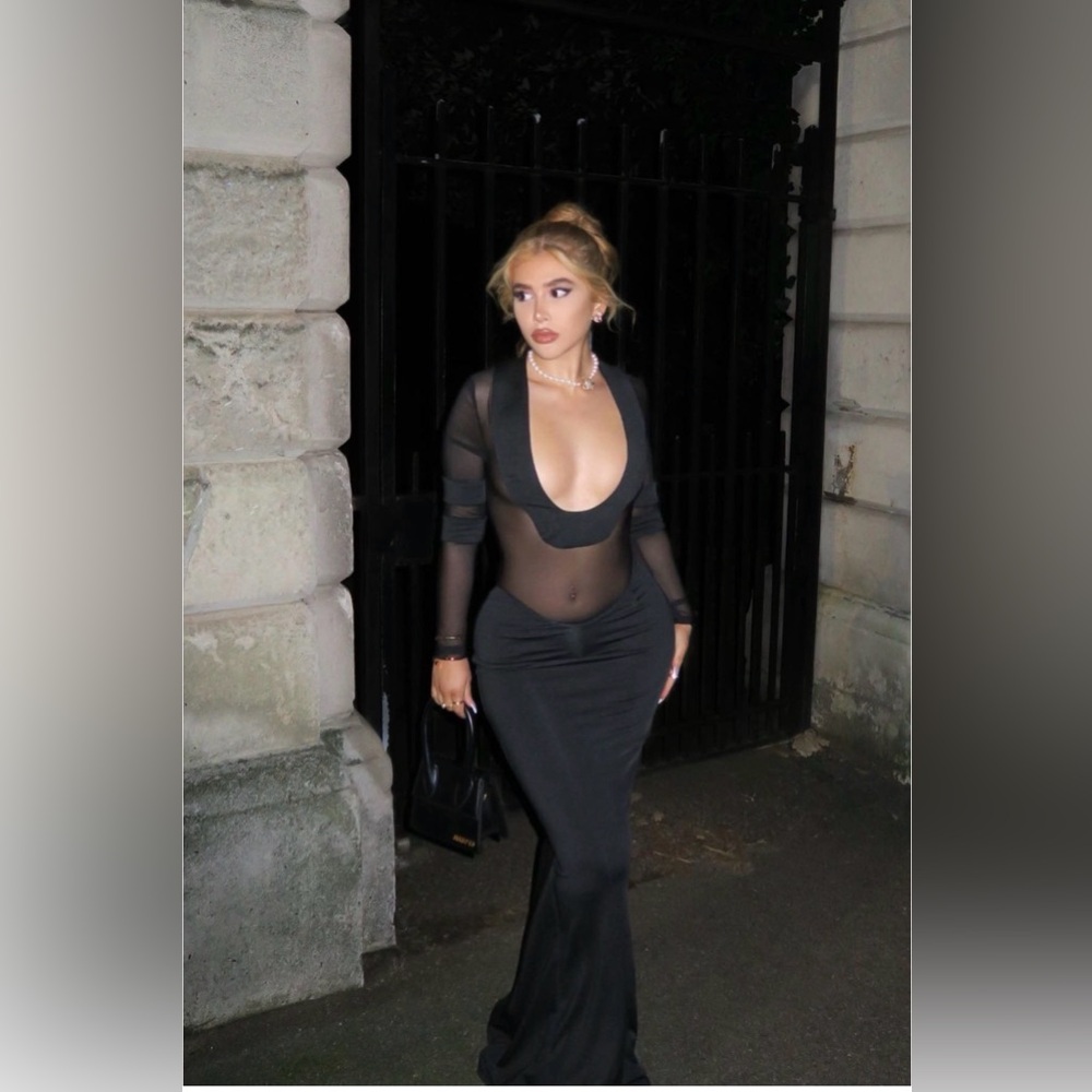 Fashion Nova Black Sheer Plunge Long-Sleeve Bodysuit